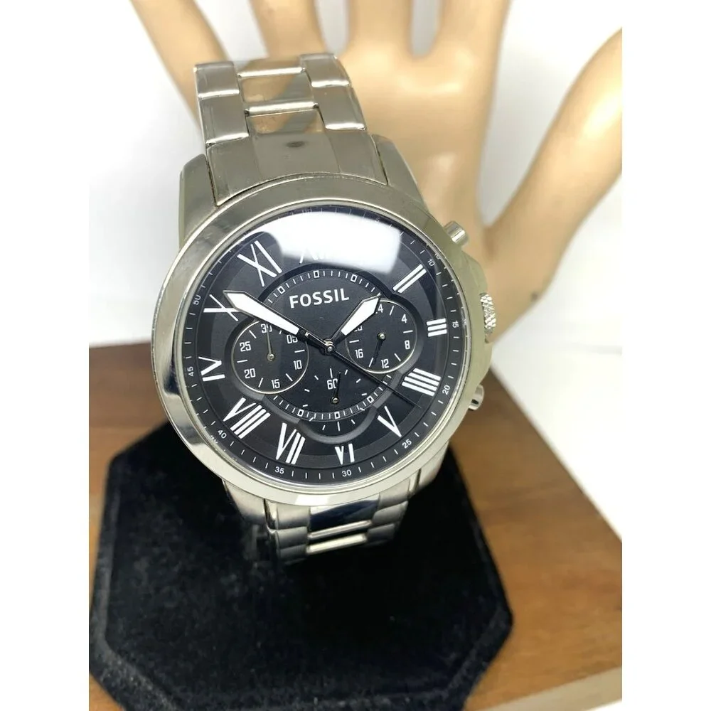 Fossil Men's Watch FS4736 Grant Quartz Chronograph Black Dial Silver Steel 44mm